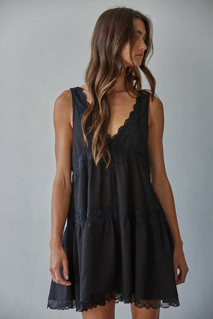 Black Lace Detail Plunged V-Neck Mini Dress