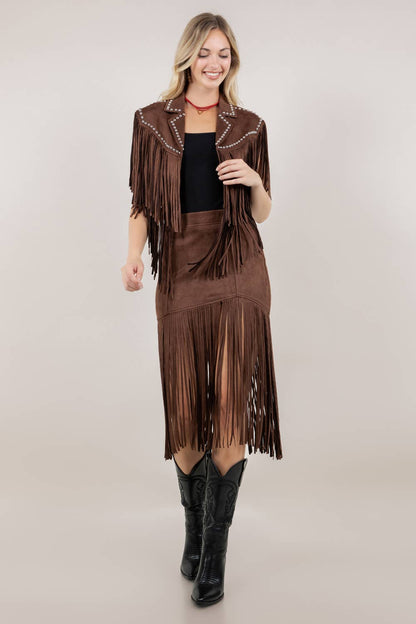 Whiskey Nights Chocolate Fringe Faux Suede Midi Skirt