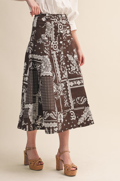 Paisley Denim Button-Down Midi Skirt