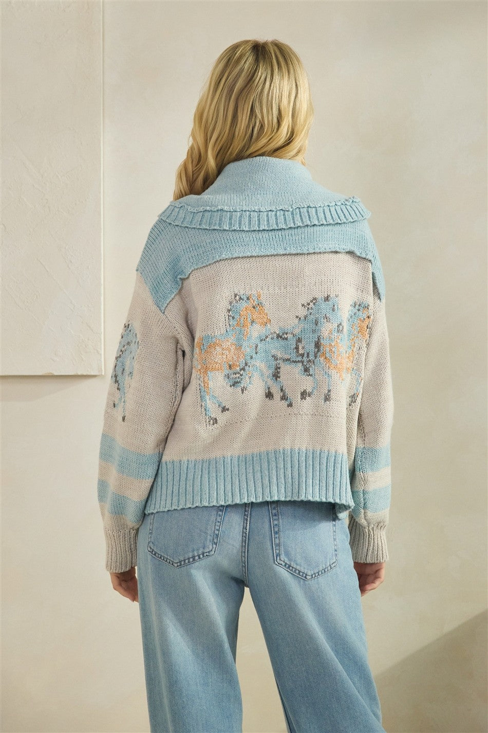 Horse Print Sweater – Sky Blue