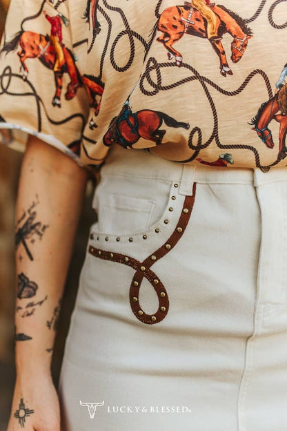Saddle Stud White Denim Midi Skirt