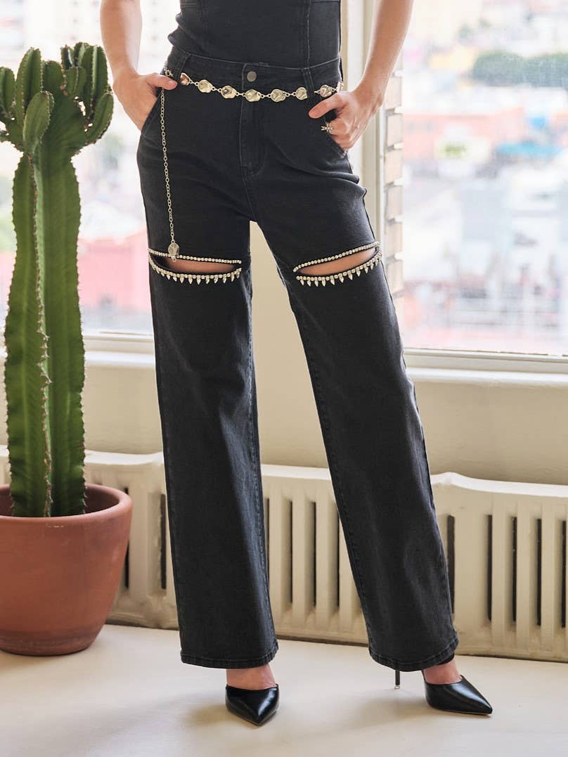 Cut Out Front Rhinestone Jeans