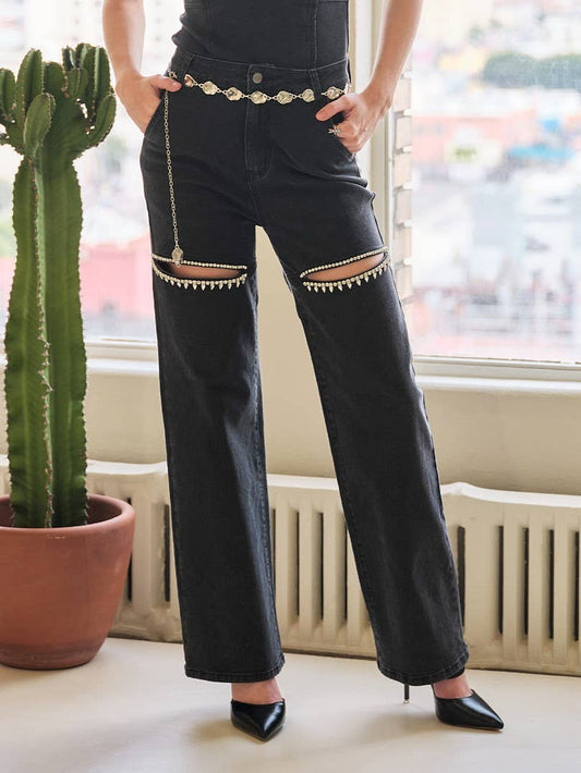 Cut Out Front Rhinestone Jeans