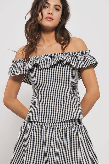 Midnight Picnic Gingham Ruffle Crop Top – Black