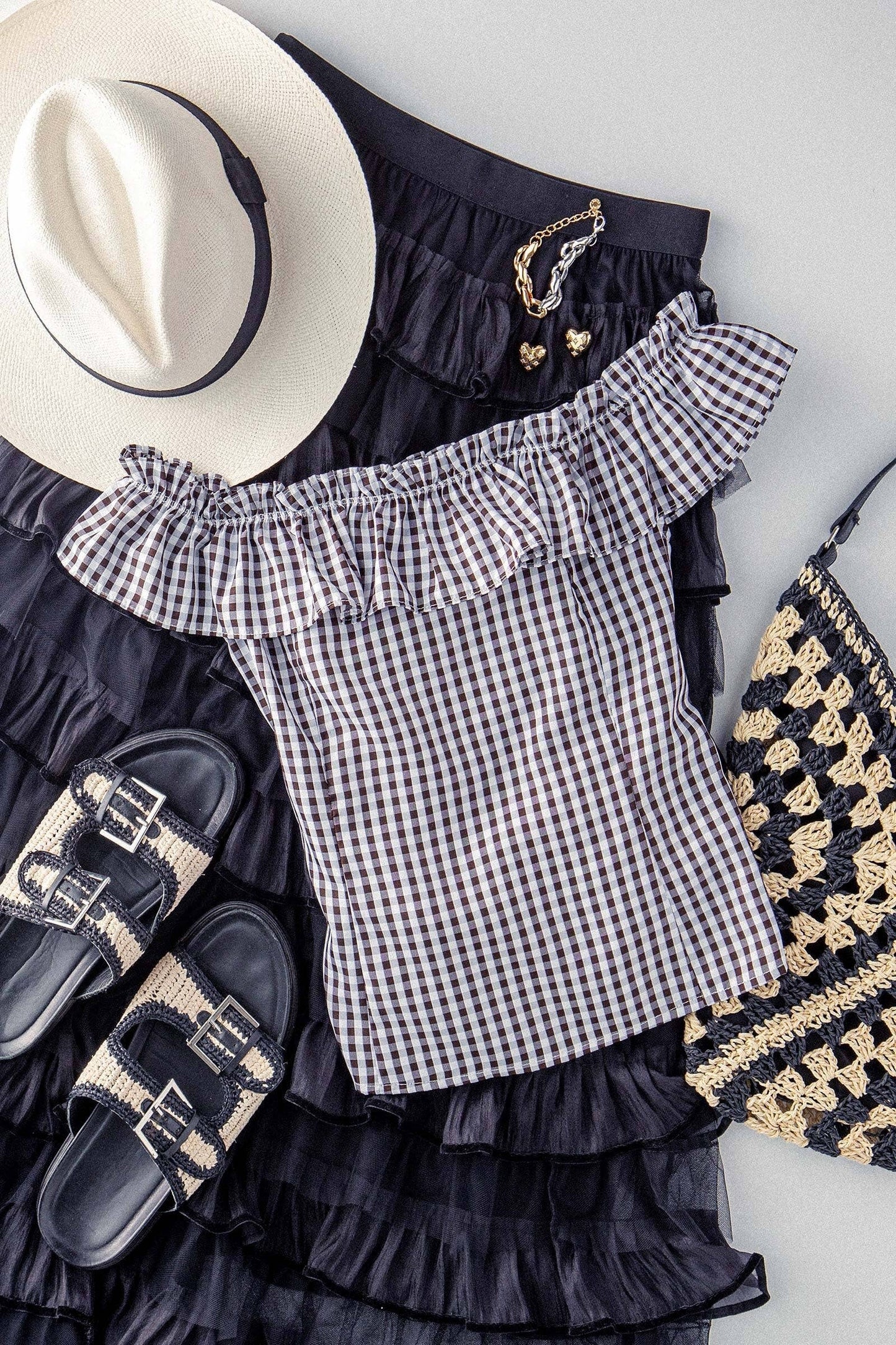 Midnight Picnic Gingham Ruffle Crop Top – Black
