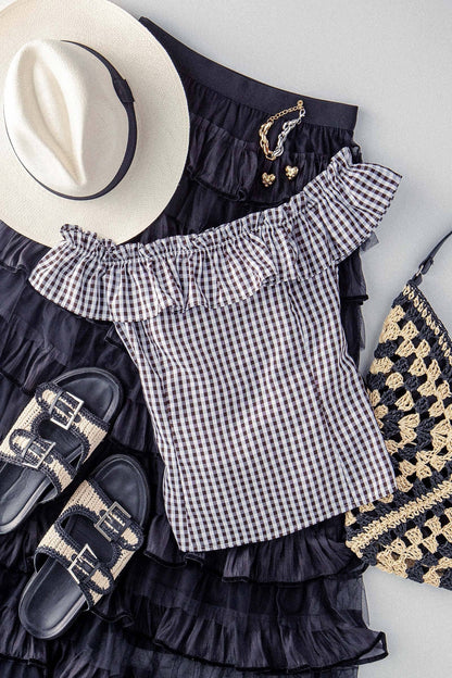 Midnight Picnic Gingham Ruffle Crop Top – Black