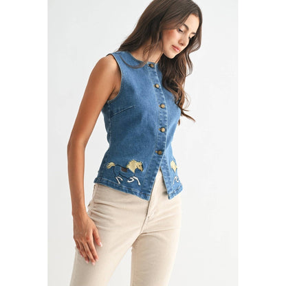 Wild Grace Horse Embroidered Denim Vest