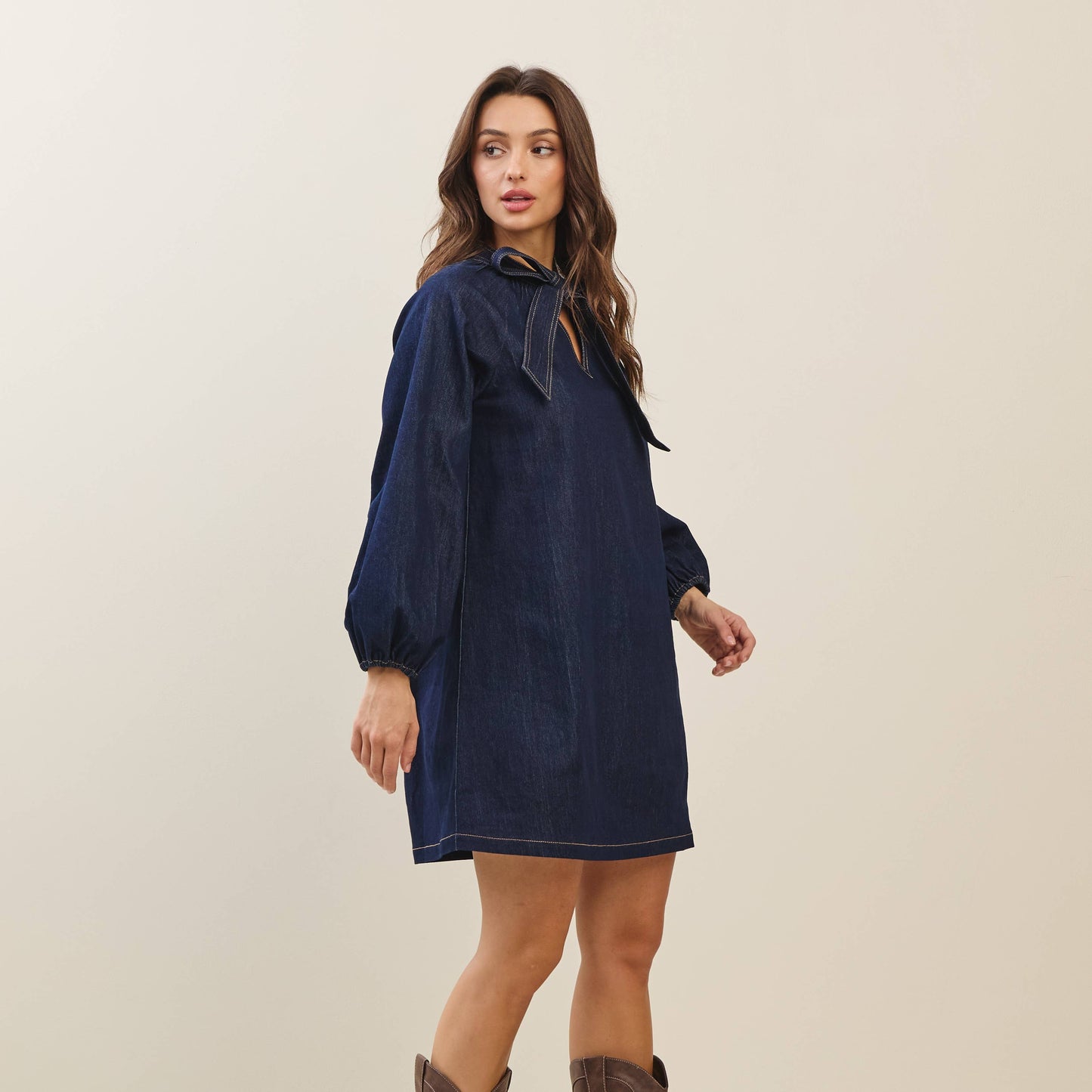 Indigo Bow Front Denim Mini Dress
