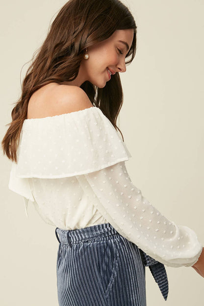 Prairie Moon Swiss Dot Off-Shoulder Blouse – Cream