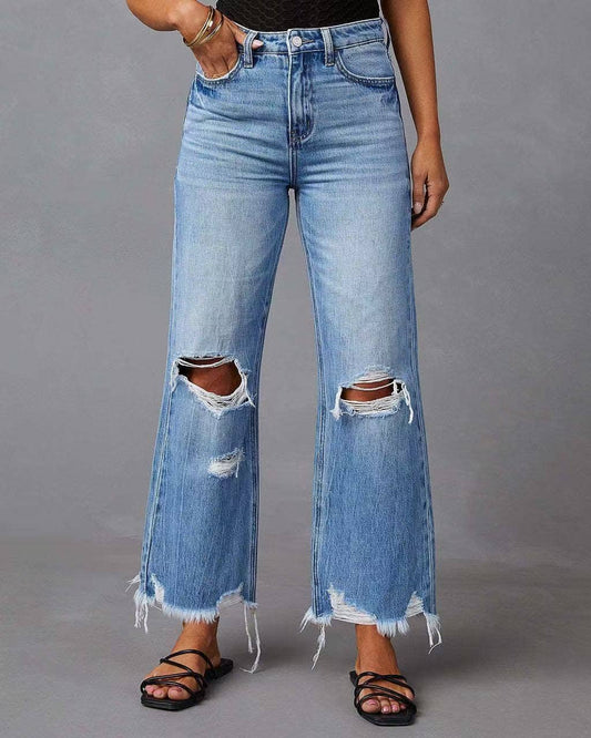 High-Rise Distressed Raw Hem Wide-Leg Denim