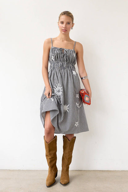 Gingham Embroidered Midi Dress