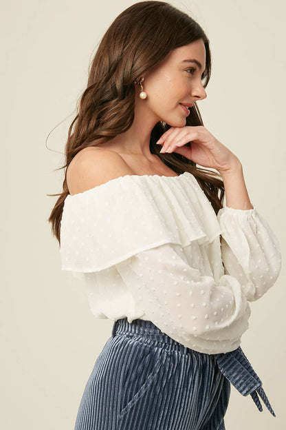 Prairie Moon Swiss Dot Off-Shoulder Blouse – Cream