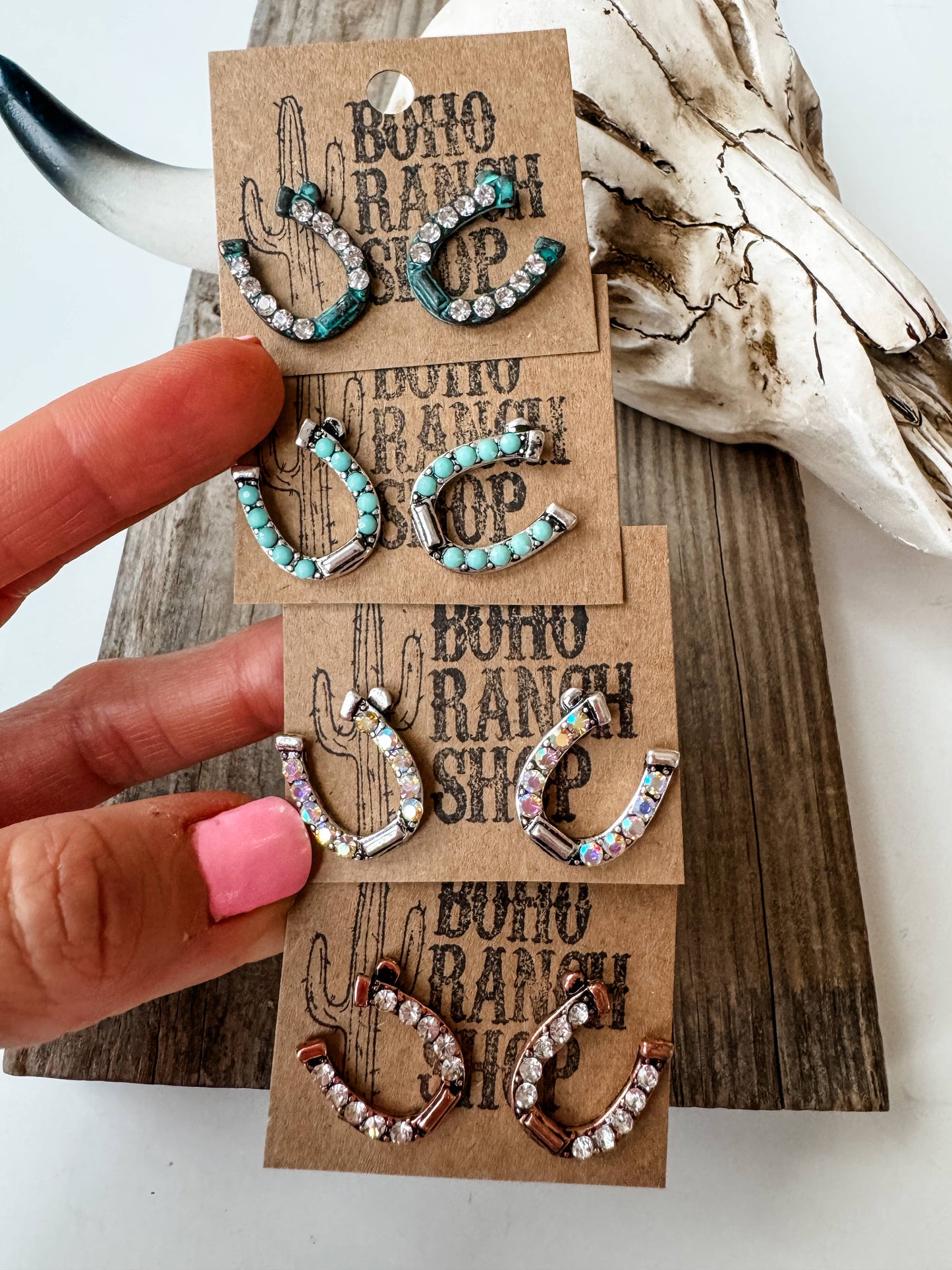 Copper Rhinestone Horseshoe Stud Earrings