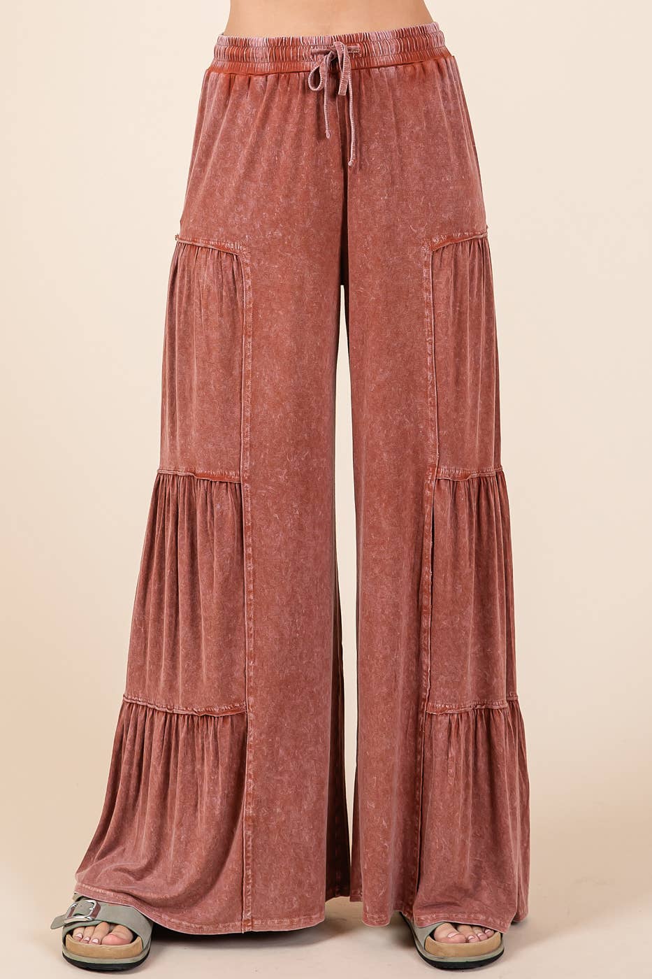 MINERAL WASH TIERED WIDE LEG  PANTS -  SIENNA