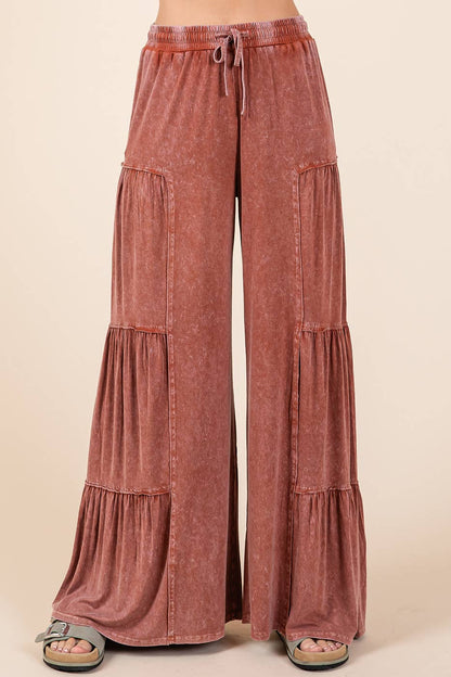 MINERAL WASH TIERED WIDE LEG  PANTS -  SIENNA