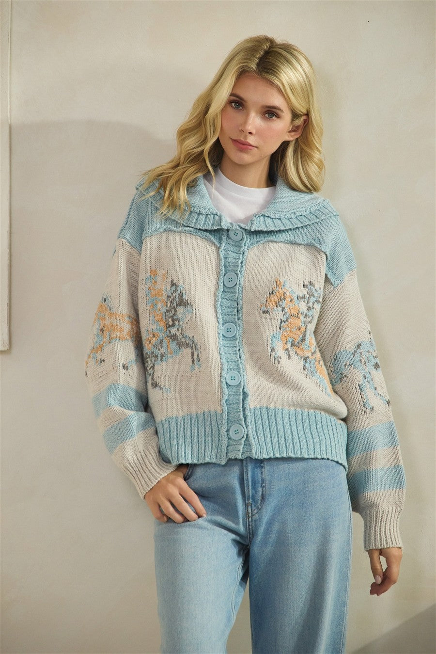 Horse Print Sweater – Sky Blue