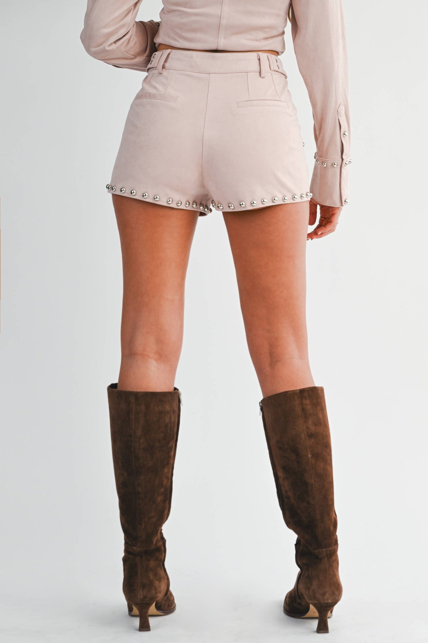 Suede Studded Shorts: BLUSH BEIGE