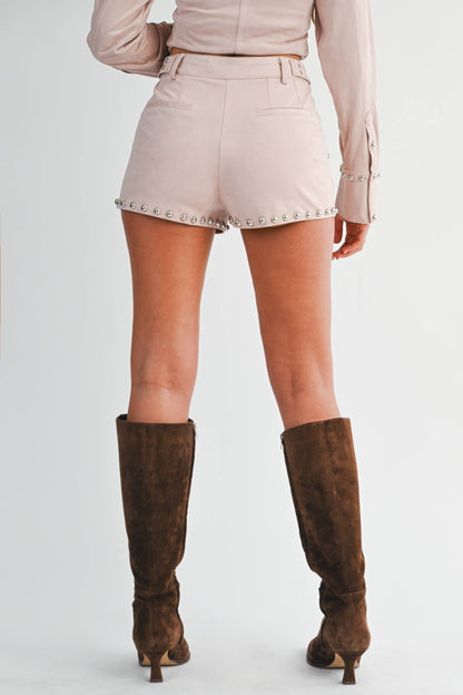 Suede Studded Shorts: BLUSH BEIGE