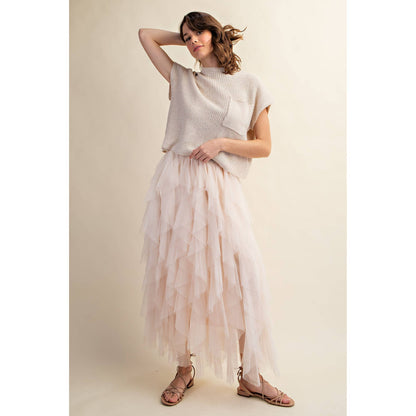 Cream Cascading Tulle Mesh Layered Maxi Skirt