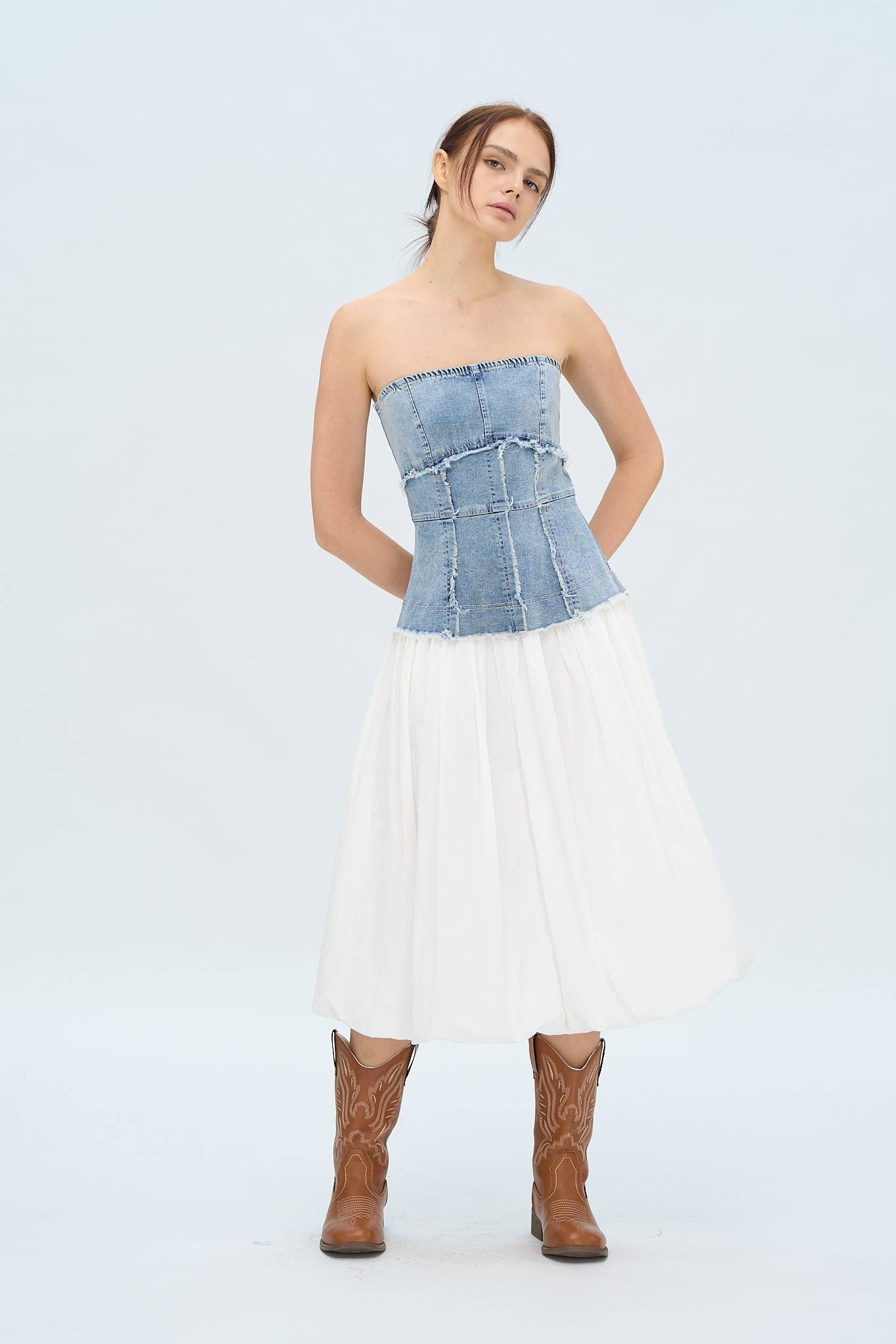 DENIM CORSET SOLID SKIRT MIDI DRESS