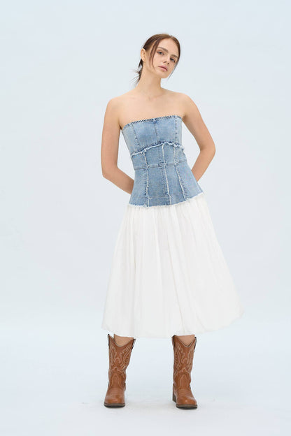 DENIM CORSET SOLID SKIRT MIDI DRESS