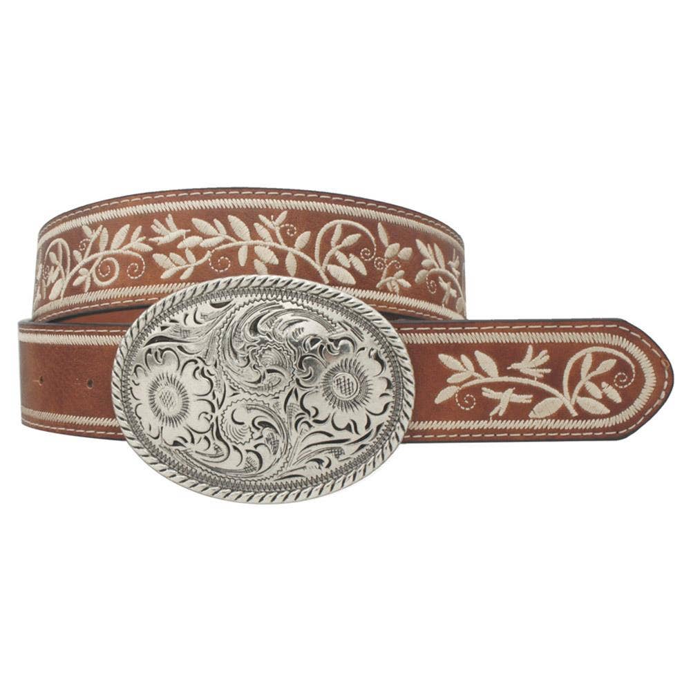 PLUS SIZE EMBROIDERED STRAP OVAL BUCKLE BELT: COGNAC