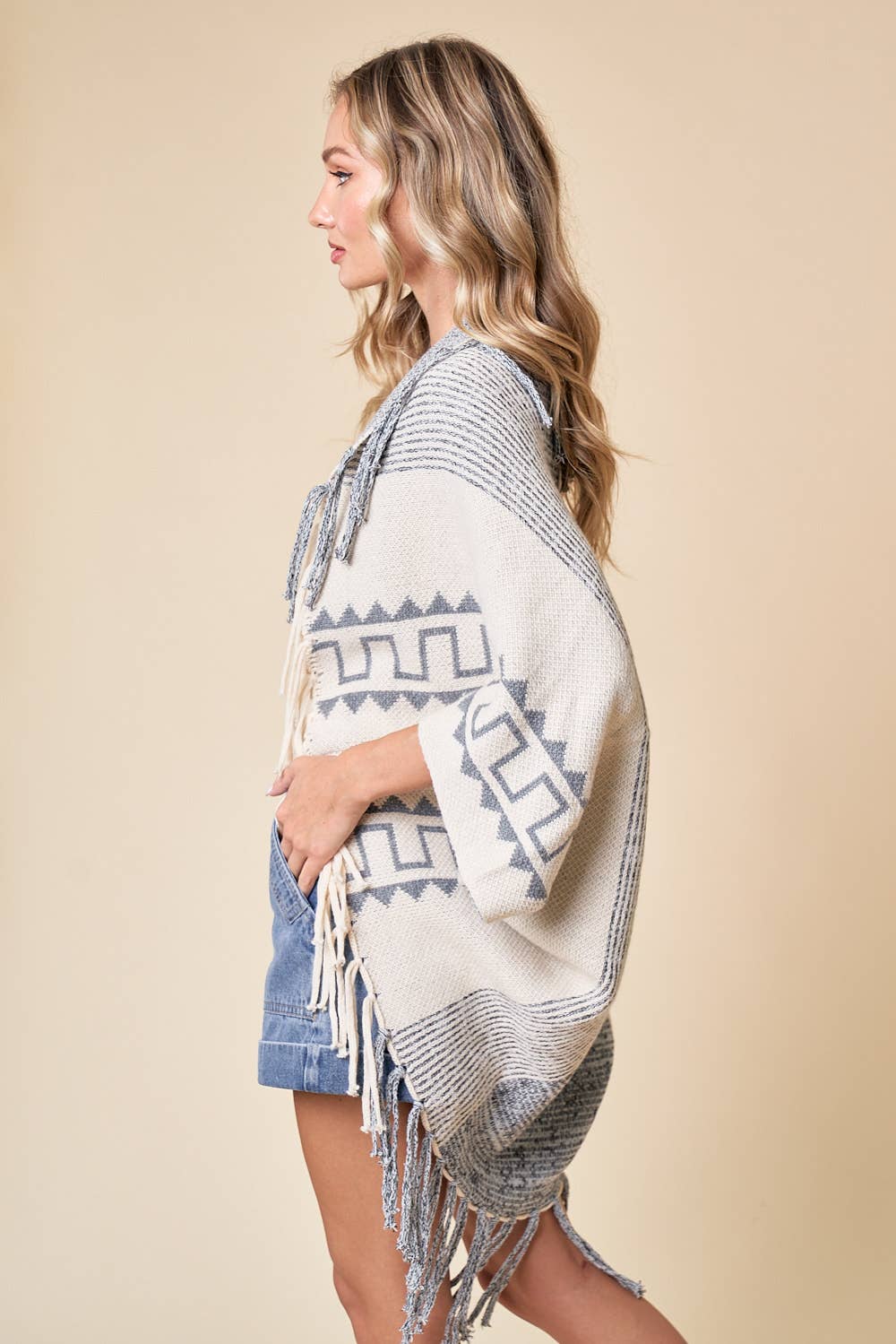 Cream Fringe Open Thick Knit Poncho