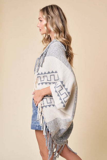 Cream Fringe Open Thick Knit Poncho