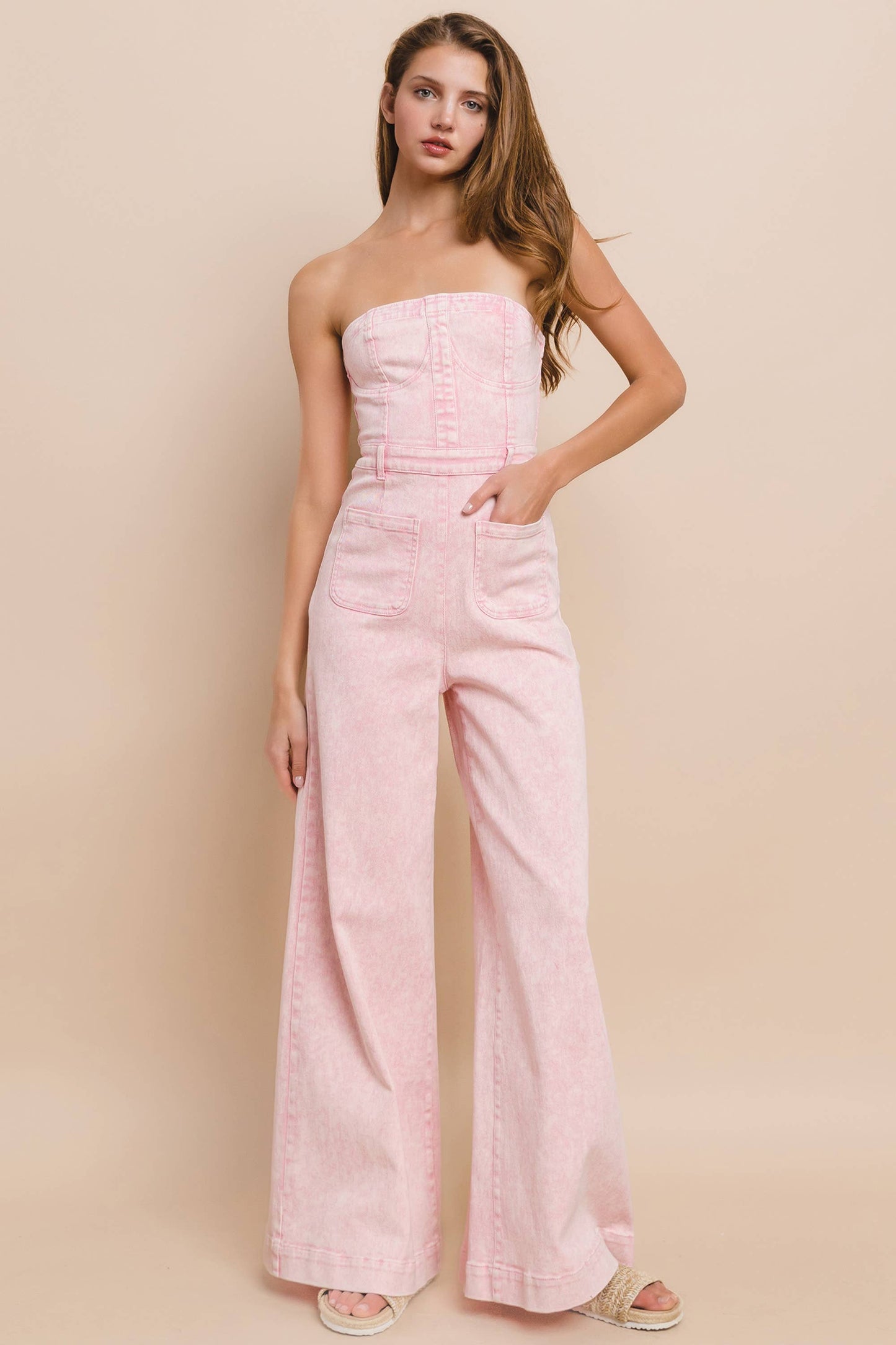Blush Breeze Strapless Boho Denim Jumpsuit