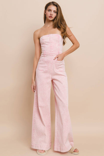 Blush Breeze Strapless Boho Denim Jumpsuit