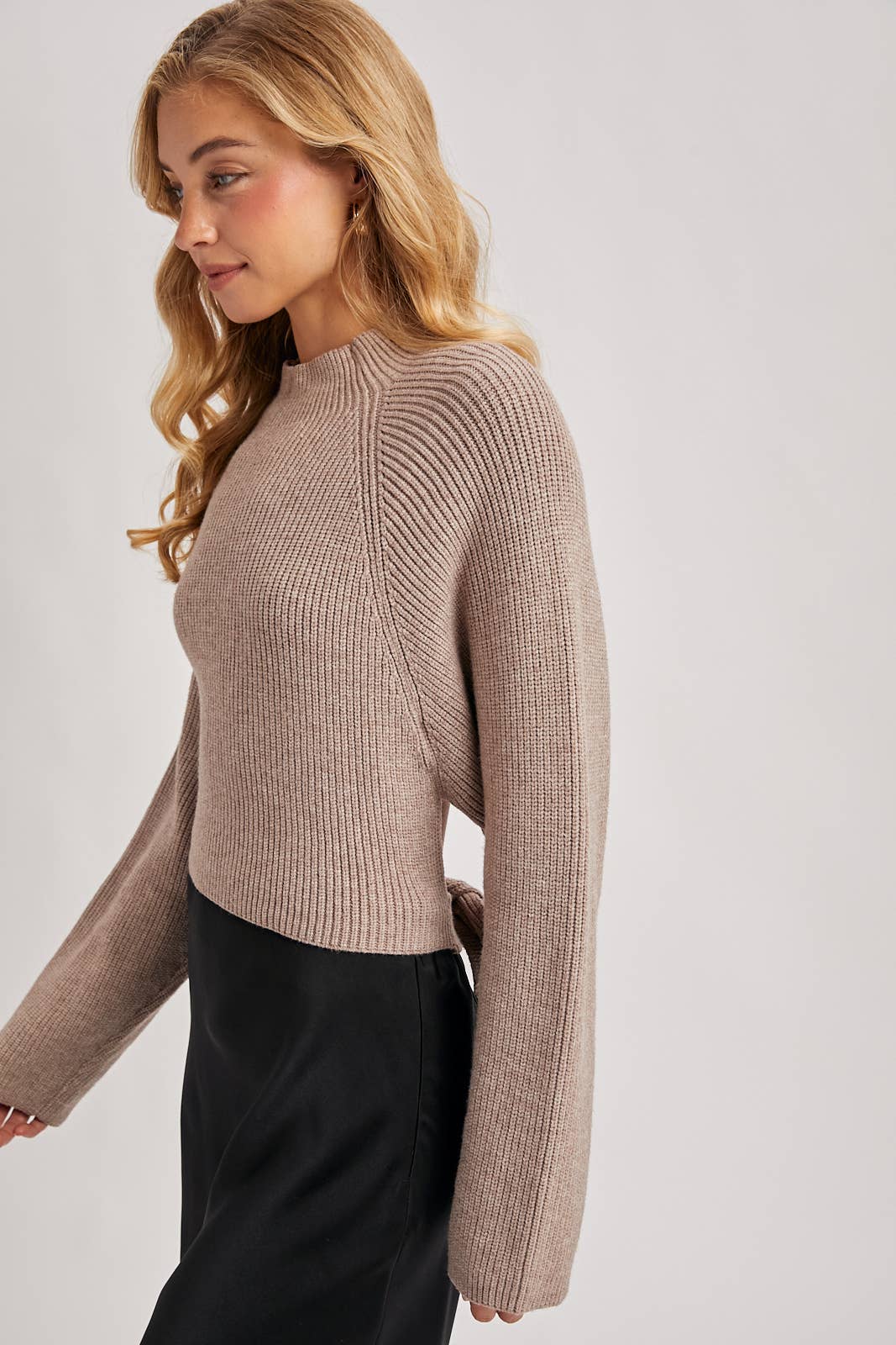 Mock Neck Open Back Bow Sweater