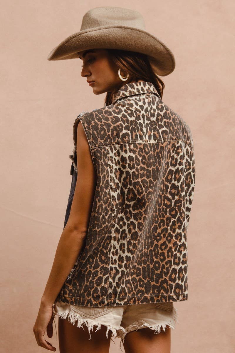 Leopard Mix & Match Washed Sleeveless Denim Vest
