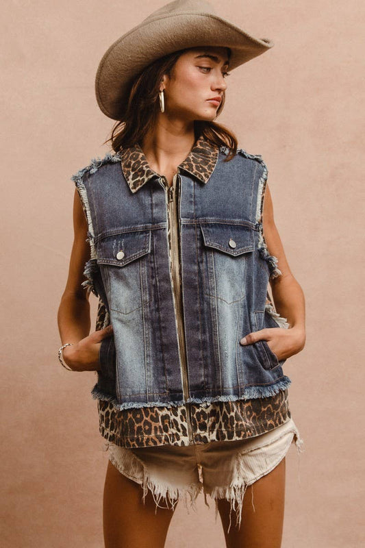 Leopard Mix & Match Washed Sleeveless Denim Vest