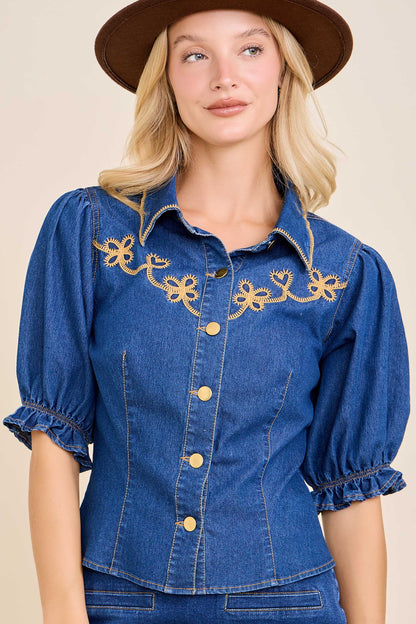 Golden Prairie Embroidered Denim Blouse