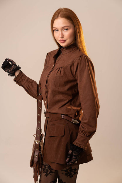 Suede Ruffle Snap Western Blouse