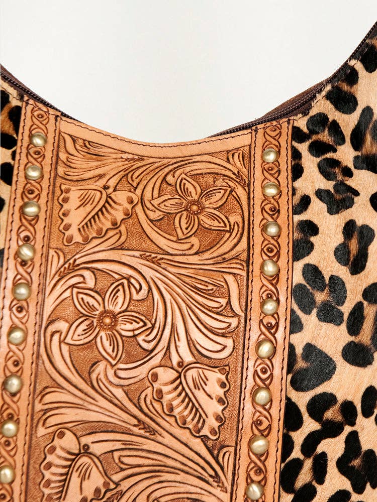 Wild Tooled Leather & Leopard Fringe Hobo Bag