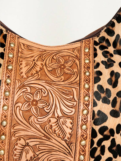 Wild Tooled Leather & Leopard Fringe Hobo Bag