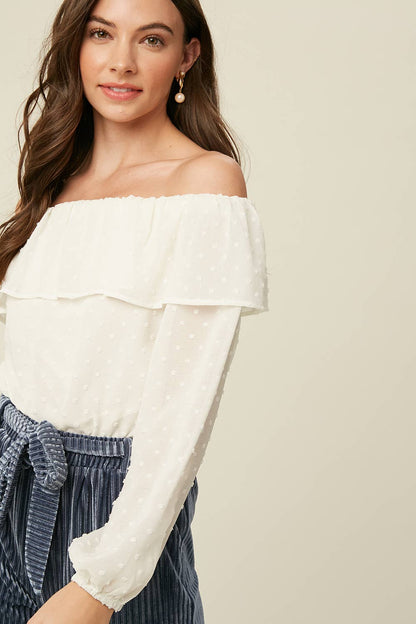 Prairie Moon Swiss Dot Off-Shoulder Blouse – Cream