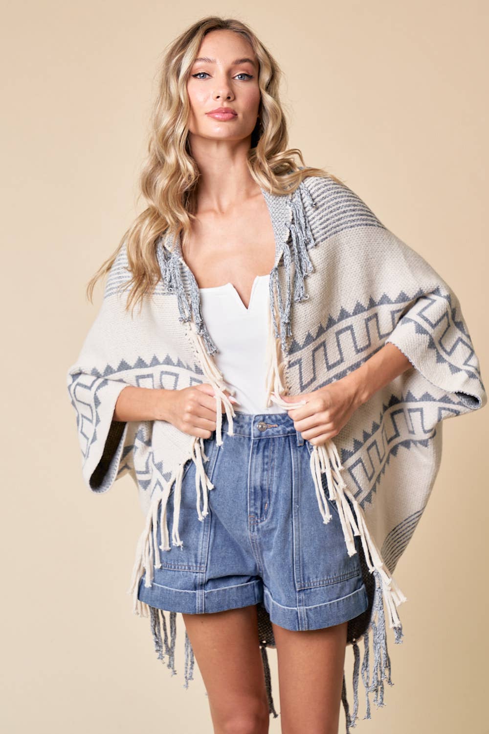 Cream Fringe Open Thick Knit Poncho