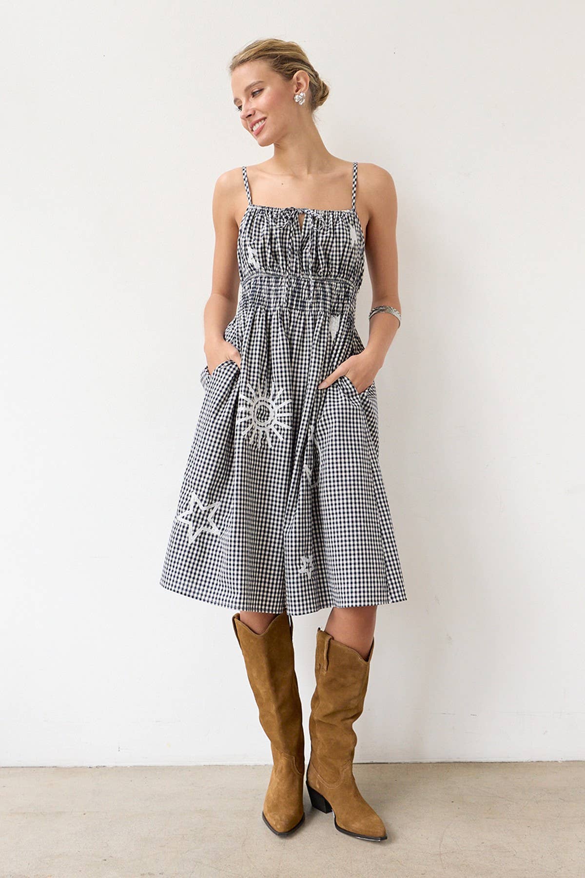 Gingham Embroidered Midi Dress