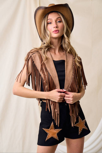 Desert Drift Tan Fringe Suede Collar Shrug
