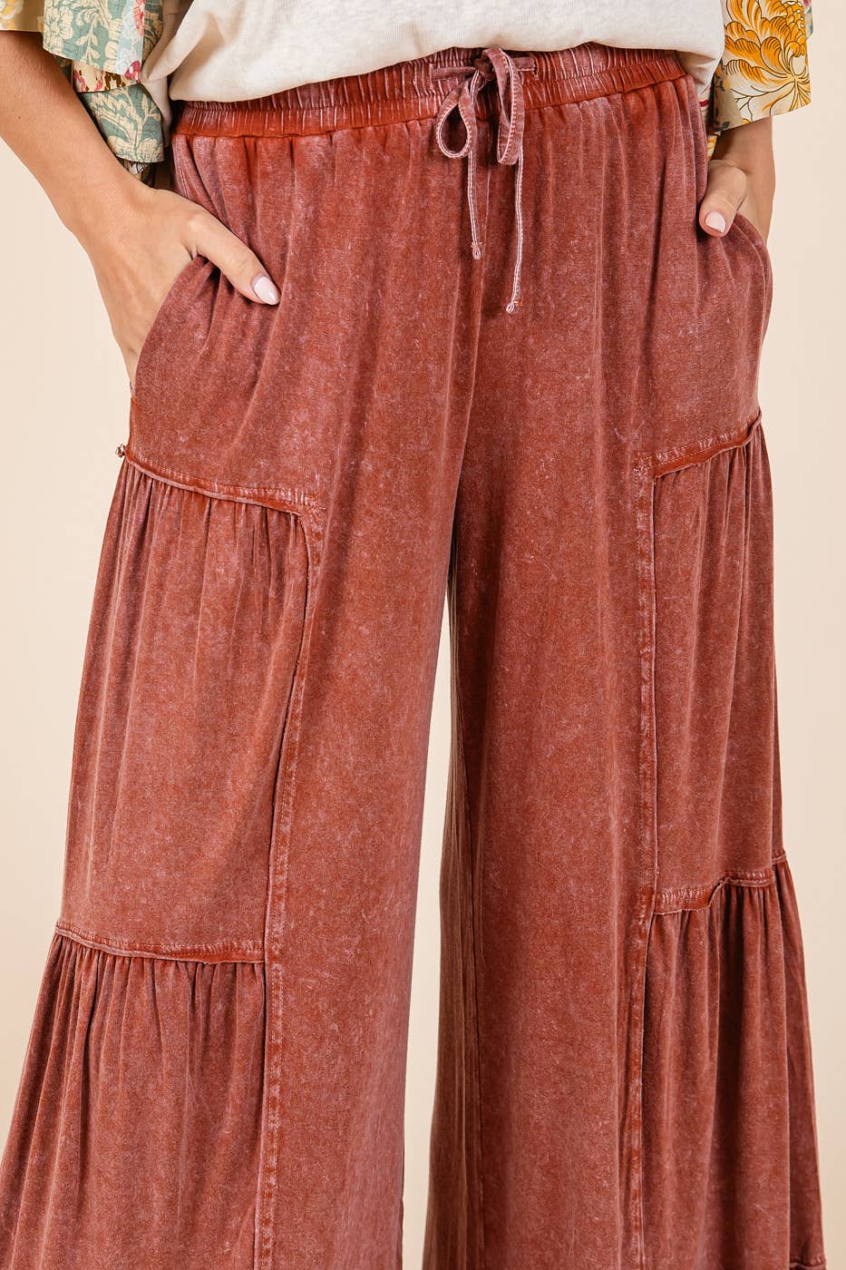 MINERAL WASH TIERED WIDE LEG  PANTS -  SIENNA