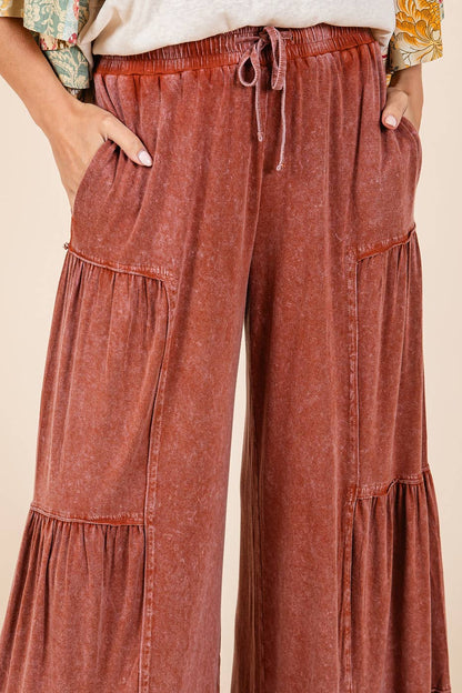MINERAL WASH TIERED WIDE LEG  PANTS -  SIENNA