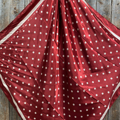 Red polka dot western wild rag scarf with red trim, 35-inch silky cowgirl neck scarf for rodeos, country concerts, ranch wear, and western fashion.
