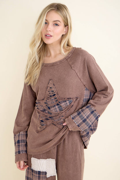 Distressed Star Patch Plaid Top