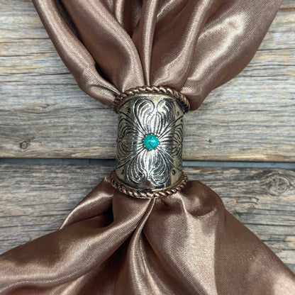German Silver Floral Concho Wild Rag Slide with Turquoise Stone & Copper Rope Edge