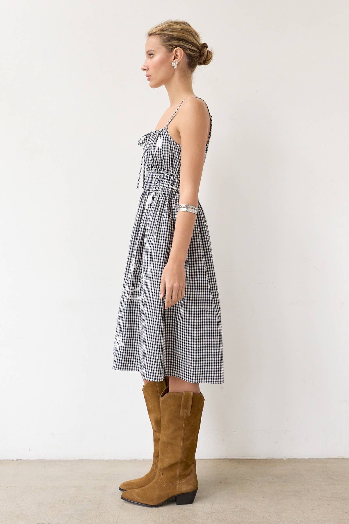 Gingham Embroidered Midi Dress