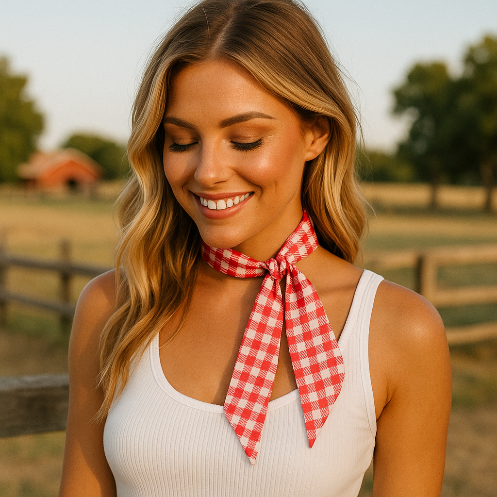Woman wearing a red checkered scarf in a rural setting