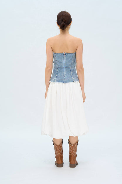 DENIM CORSET SOLID SKIRT MIDI DRESS