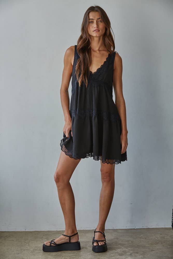 Black Lace Detail Plunged V-Neck Mini Dress